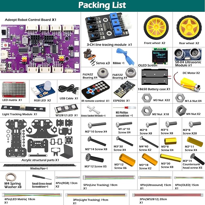 Adeept Smart Car Kit(Compatible with Arduino IDE), Line Tracking, Obstacle Avoidance, OLED Display, Ultrasonic Sensor, IR Wireless Remote Control, DIY STEM Educational Robot Car Kit
