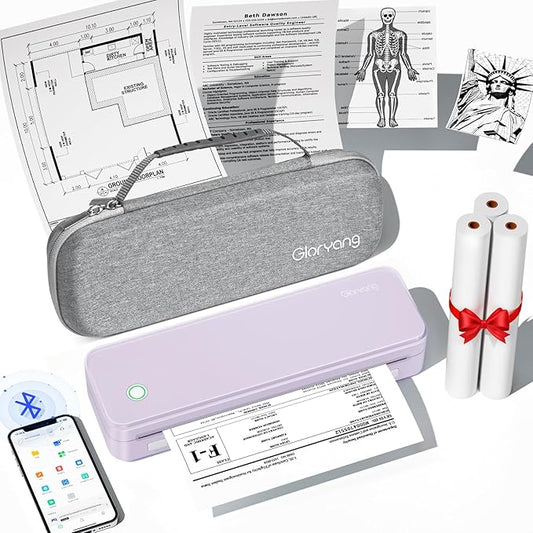 Gloryang Inkless Portable Printer for Travel, Wireless Thermal Printer Supports 8.5 x 11 Inch US Letter Size, Bluetooth Machine Includes Carry Case and 3 Rolls of Thermal Paper Kit, Purple