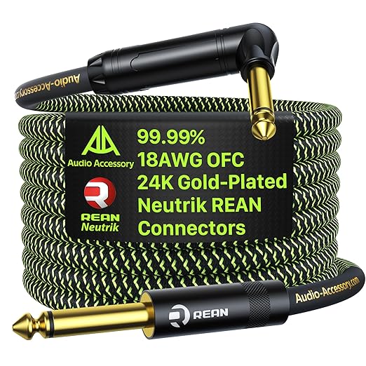 AA AUDIO ACCESSORY Pro Series Guitar Cable 6 ft, Gold-Plated Neutrik REAN Connector, 18 AWG 99.99% OFC, Low Capacitance Straight to Right Angle 1/4 Inch Instrument Cable for Fender Ernie Ball Mogami