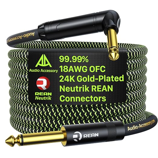 AA AUDIO ACCESSORY Pro Bass Guitar Cable 15 ft, Gold-Plated Neutrik REAN Connector, 18 AWG OFC, Braided 1/4 Inch Instrument Cable for Fender Electric Bass Guitar Combo Amp Rumble Marshall, Right Angle