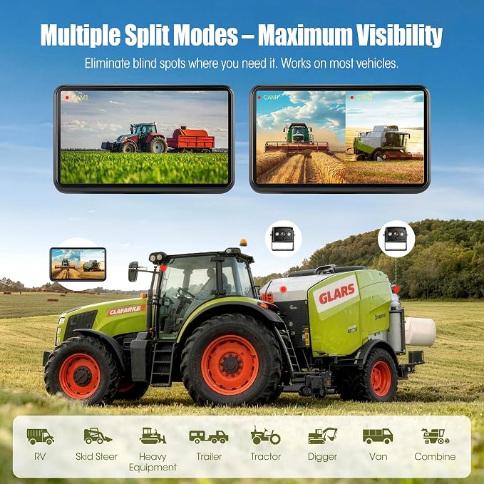 2 Wired Backup Camera System, 7" DVR IPS Touchscreen with Dual AHD IP69K Water/Dust Proof Rear Cameras, Vibration-Proof 20G for Hitching, Farm Work, UTV, Tractor, Truck, Trailer, Combine