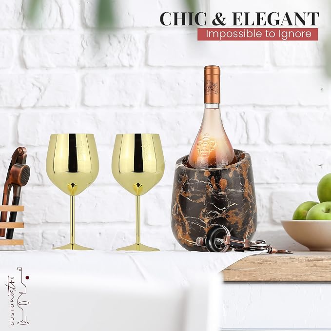 Gusto Nostro Marble Wine Chiller Bucket - 750ml Wine Bottle Cooler and Champagne Chiller for Party, Kitchen, Bar Cart Decor to Chill & Keep Bottles Cold with Unique Wine Lovers Gift Box, Black & Gold