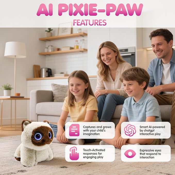 Contixo AI Pixie-Paw Smart Interactive Plush Cat – Voice-Responsive, Touch-Activated, Expressive Eyes, AI Companion Stuffed Animal for Kids & Pet Lovers, Brown