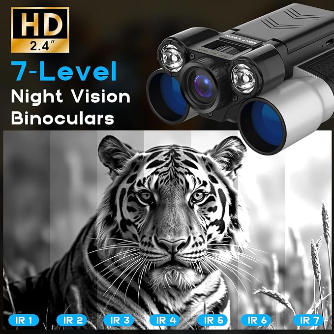 Digital Night Vision Binoculars with 2.4" IPS Screen, 12X Zoom Infrared Binoculars with Camera, Built-in Display, Includes 32GB Memory Card for Bird Watching, Hiking, Travel