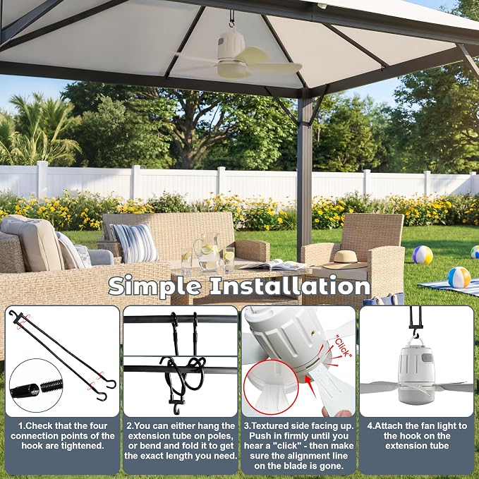 Battery Operated Outdoor Ceiling Fan, 20000mAh Portable Canopy Fan with Light, Remote & Hanging Hook, 3000k-6000k Dimmable Rechargeable Ceiling Fan for Tent, Gazebo, Patio, Camping (20'')