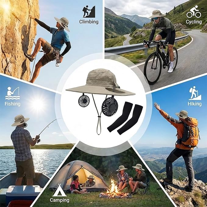 Sun Hat with Fan for Men & Women, Bucket Hat with Fan, UPF 50+ Cooling Hat with Sunblock Sleeves for Fishing,Hiking