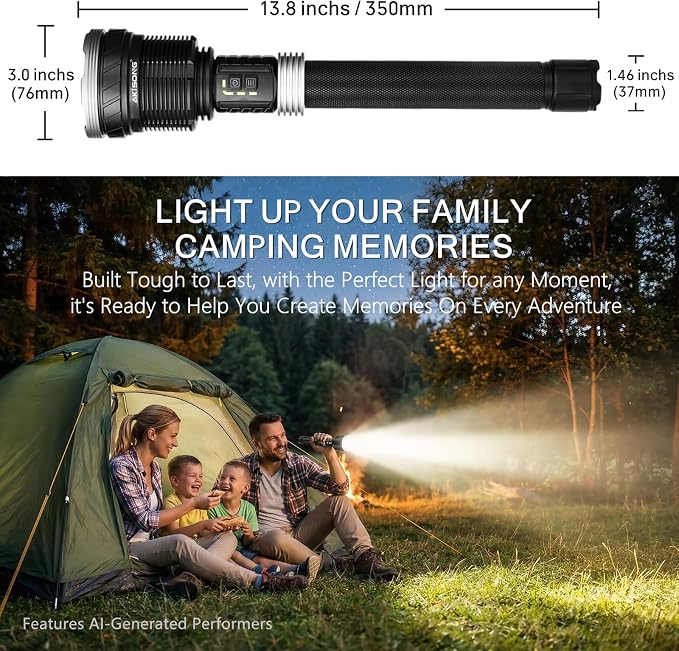Rechargeable Tactical Flashlight 15,000 High Lumens with USB Output | 120W XHP360 LED Super Bright Zoomable Flashlight, 2624FT Long Range, IP67 Waterproof for Emergency, Outdoor Camping & Hunting