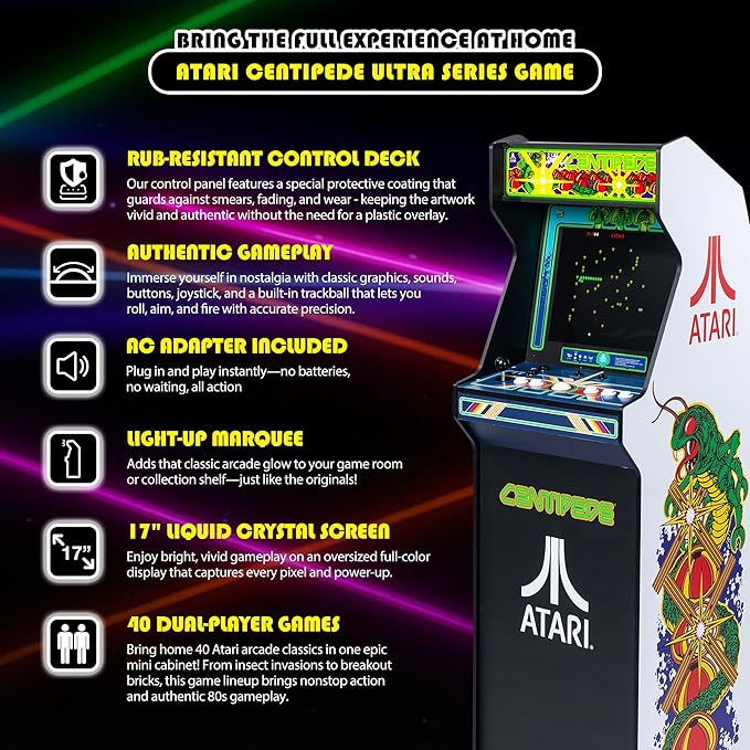 Arcade Classics - Atari Centipede Ultra Series Game Machine, 40 Games, 17" Liquid Crystal Screen - Indoor Cabinet, Retro, Gaming Console, Basement Decoration, Man Cave