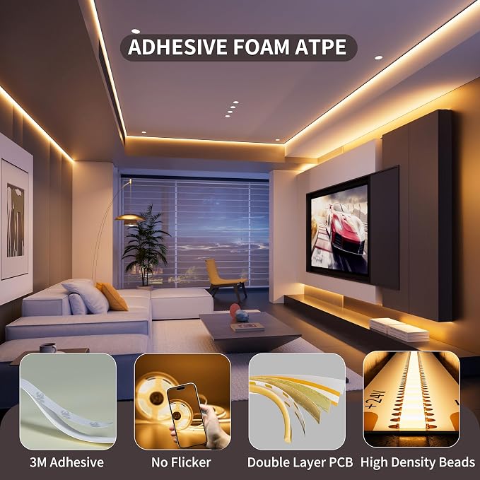 PAUTIX COB LED Strip Light 2700K, 24ft/7.5m Dimmable 3780LEDs DC24V Warm White LED Strip Light,High Lumen Tape Light with RF Remote Timer Function and 48W Power Supply for Home DIY Lighting Project