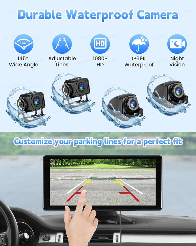10.36" RV Camera System with CarPlay & Android Auto Touch Monitor | Wired 4CH 1080P IP69 Waterproof Backup Camera. BSD blind spot alert & DVR Loop Recording for Semi Truck, Trailer, Camper, RV