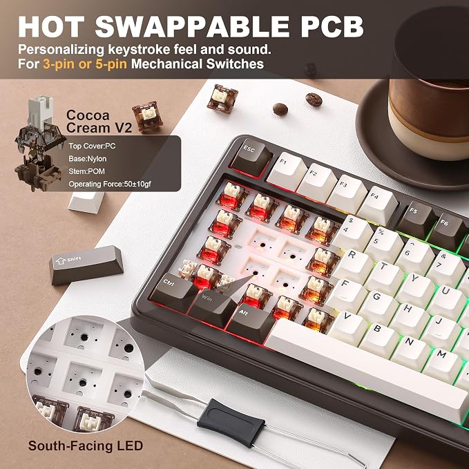 YUNZII B75 PRO Wireless Mechanical Keyboard,75% Layout with Knob,Hot Swap Gasket Structure,Creamy Pre-lubed Switches,RGB Backlit,Bluetooth/Type-C/2.4G for Win/Mac (Coffee Brown, Cocoa Cream V2 Switch)