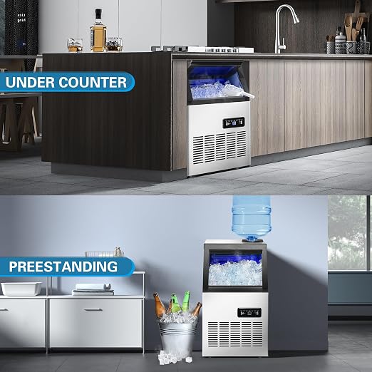 120LBS/24H Commercial Ice Maker Machine, Freestanding Stainless Steel with Adjustable Ice Thickness & LCD Control,40 Cubes/Cycle,Self-Cleaning,Quiet Operation for Home,Restaurant,Bar