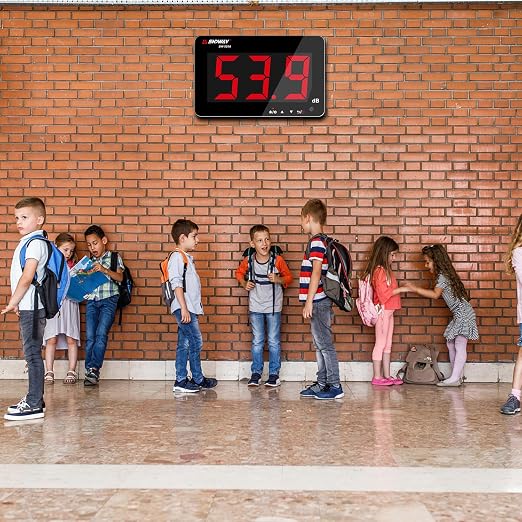 Decibel Meter 30dB-130dB, Wall Mounted Hanging Sound Level Meter for Classroom Noise, Large Screen SPL Meter with Alarm, USB Powered Noise Tester for Public Area/Restaurant