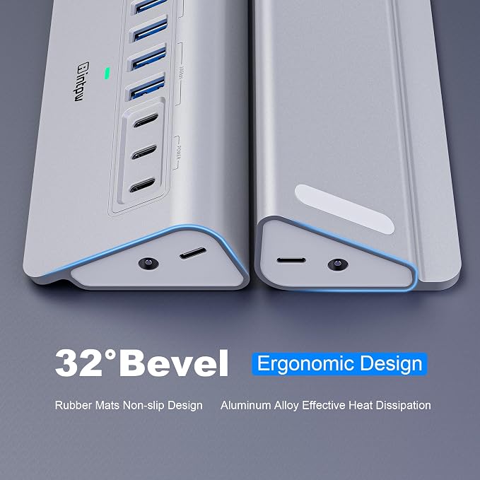 Powered USB Hub 10Gbps, intpw 9-Port USB 3.2 Hub, USB C Hub with USB A/USB C 3.2, 4 USB 3.0, 2 PD 45W Charging Ports, 65W Power Adapter and 3.3FT Cable, Aluminum USB Hub for PC,Laptop,iPhone 17/16/15