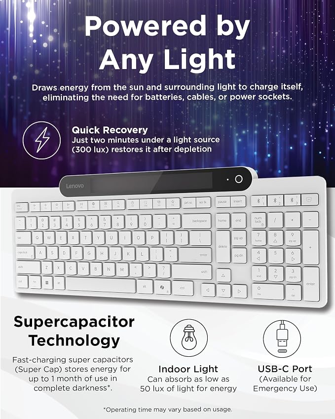 Lenovo 800 Self-Charging Bluetooth Keyboard, Uses Ambient Light for Charging, Bluetooth 5.1, Supports 3 Devices, Battery Free, Wireless, White