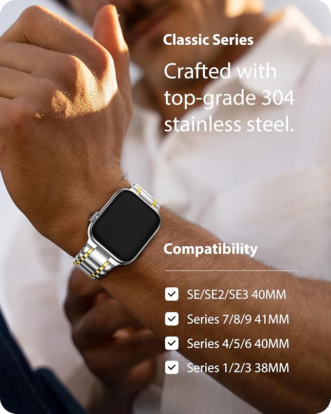 Fullmosa Bands Compatible with Apple Watch Band 41mm 40mm 38mm 46mm 49mm 45mm 44mm 42mm, Stainless Steel iWatch Band with Case for Apple Watch Series 11 10 9 8 7 6 5 4 3 2 1 SE3/2/1 Ultra3/2/1, 38mm 40mm 41mm, Silver and Gold