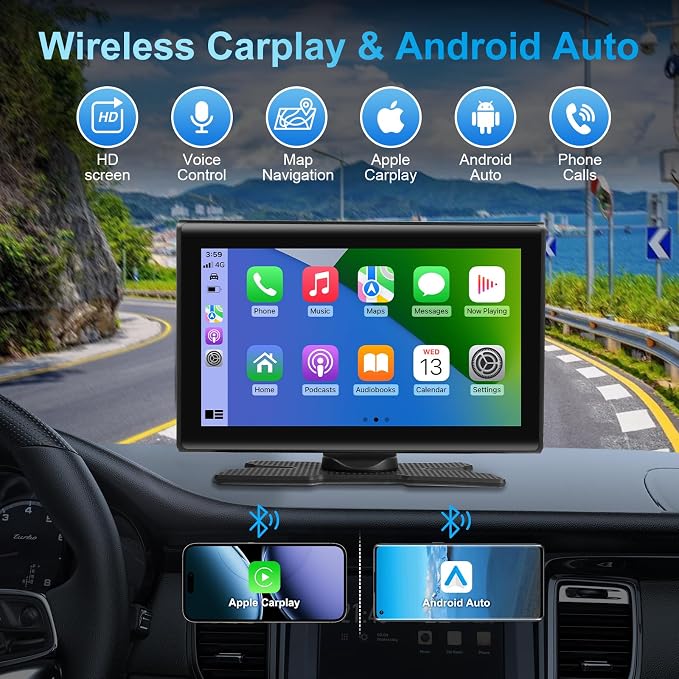 7" Wireless CarPlay Screen for Car- 4K Touchscreen, 4K Dash Cam &1080P Rear Camera，64GB SD Card，Apple CarPlay & Android Auto, Bluetooth, GPS, Voice Control, Plug-and-Play with FM/AUX/Mirror Link