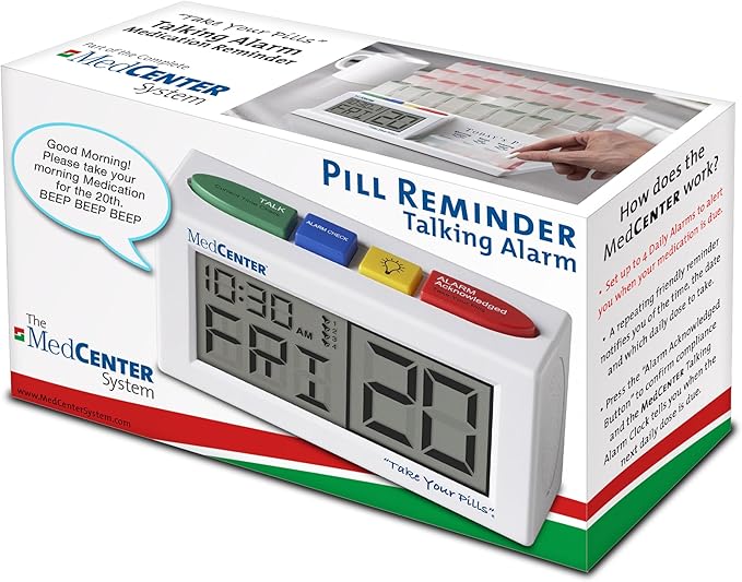 MEDCENTER Talking Alarm Clock HSA/FSA, Medication Pill Reminder Clock, Alarm Clock for Dementia and Visually impaired - Digital Clock Ex Large White (with Adapter) Gift for Mom, Dad, Elderly, Seniors