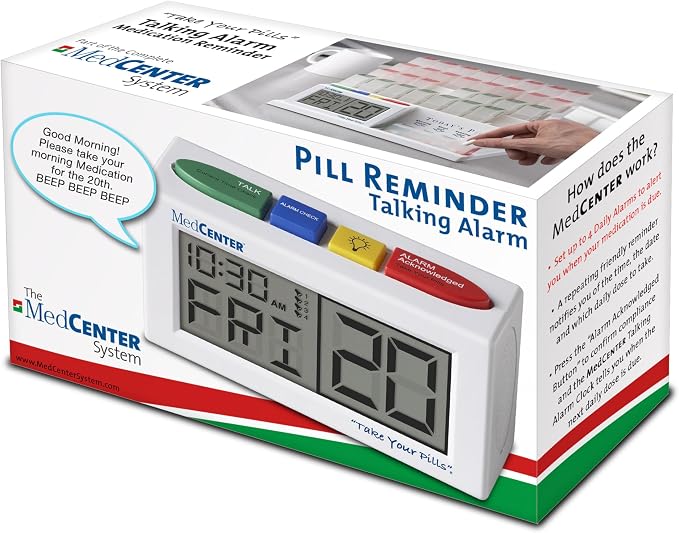 MEDCENTER Talking Alarm Clock HSA/FSA, Medication Pill Reminder Clock, Alarm Clock for Dementia, Hearing, Visually impaired Seniors-Digital Clock Ex Large White - Gift for Mom, Dad, Elderly, Seniors