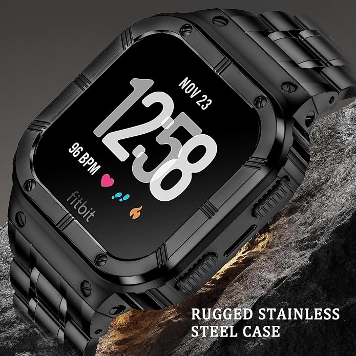 BAITEYOU Stainless Steel Watch Band with Case Compatible for Fitbit Versa/Fitbit Sense Bands, Rugged Protective Bumper Metal Wristbands for Men Women
