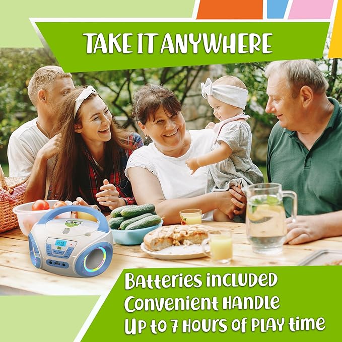 TinyGeeks Tunes Kids Boombox CD Player for Kids - NEW 2023 - FM Radio - Batteries Included - Cute white Radio cd Player with Speakers for Kids and Toddlers - Blue