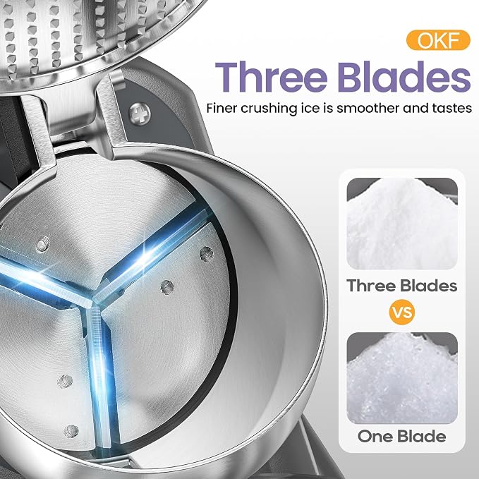 OKF Ice Shaver Prevent Splash Snow Cone Machine, Electric 3 Blades Shaved Ice Machine, 380W Ice Shaver Machine, 286lbs/hr Ice Crushers for Home Use, Ice Crusher with Free Ice Pick (Silver)