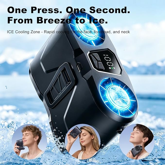 Rechargeable Waist Fan with Ice Cooling, High-Speed Neck Belt Clip-on Fan with 10 Gears, LED Display & Flashlight, Hands-Free Personal Fan for Work Outdoor Travel, Black