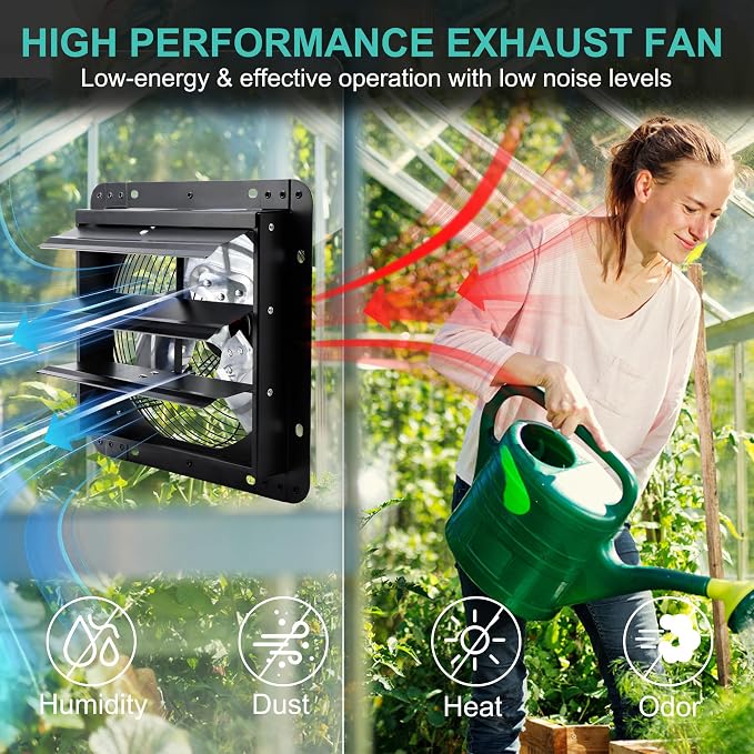 7 Inch Shutter Exhaust Fan for Greenhouse, Shed, Garage, Barn, Chicken Coop Ventilation, Wall Mount Attic Fan with Speed Controller and Power Cord, 760 CFM, Black
