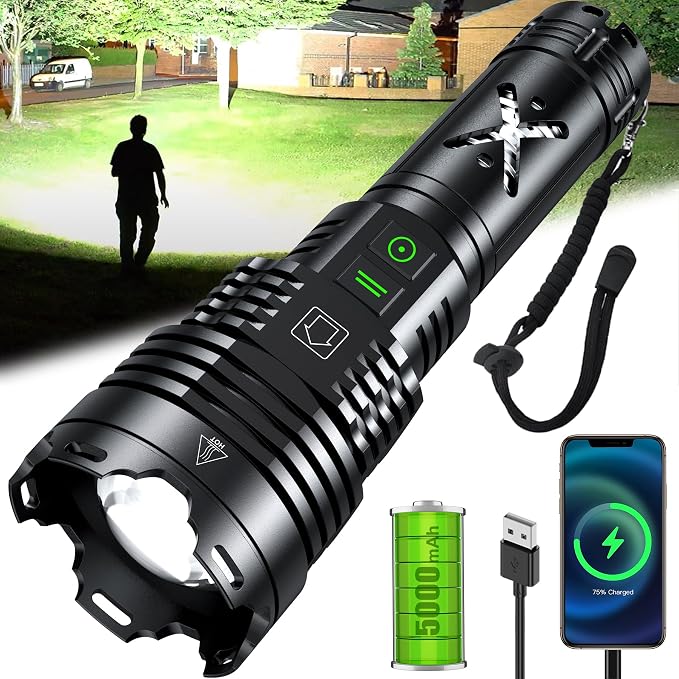 Rechargeable Led Flashlights 100,000 High Lumens,Super Bright Flashlight True,Powerful Tactical Flashlight Up to 24H Long Battery Life Zoomable 6 Light Modes IP67 Water Resistant for Home Camping