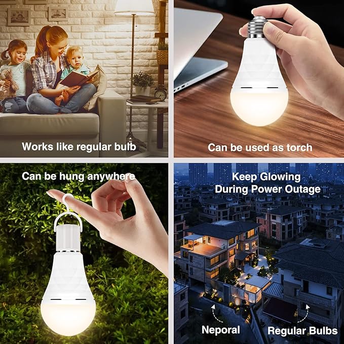 Neporal A19 Rechargeable Light Bulbs, Socket Rechargeable Emergency Light Bulb for Power Failure, Battery Backup Bulbs for Home, Hurricane, Led Bulb 60 Watt Equiv. (Soft White, 4 Count (Pack of 1))