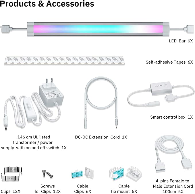 LED Smart Under Cabinet Ligts RGB Multi Color Compatible with Alexa, Google Home Voice Controlled Under Counter Strip Light App Control (6 Lights Bar Kit)
