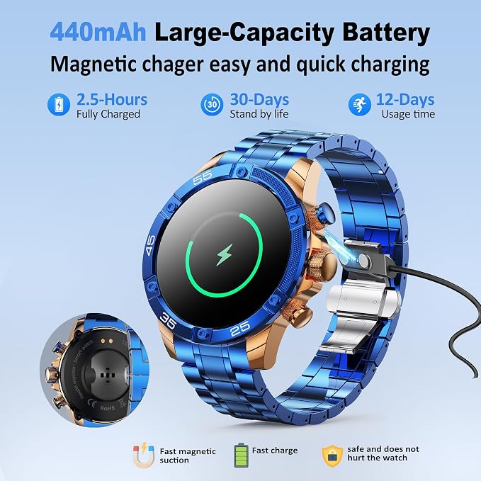 Men's Smart Watch Round HD 1.53" Gold Blue Smart Watches for Men, Multiple Sports Modes, Bluetooth Voice Call. Available for iOS and Android (Blue Steel)