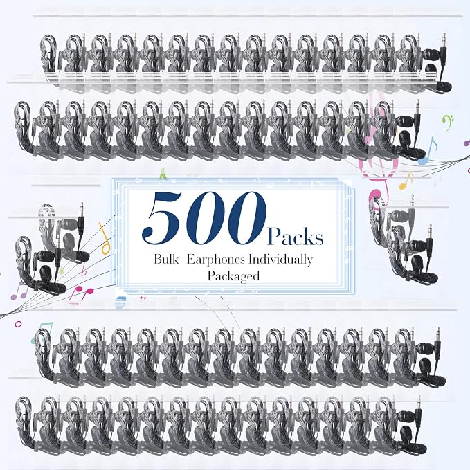 Kanayu 500 Pack Wired Earbuds Bulk for Classroom Ear Headphones Wired Basic Student Earbuds No Microphone with 3.5MM Jack for Class Laptop School Library, Individually Bagged (Black)