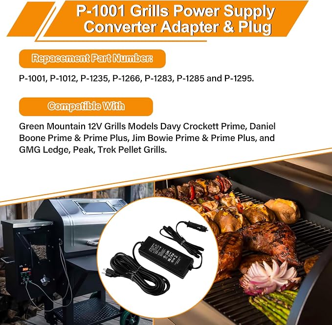 12V Power Supply Converter Adapter Plug for GMG Green Mountain Grill Jim Bowie, Daniel Boone, Davy Crockett Prime/Prime Plus Grill, P-1001 P-1266 Power Cord Replacement Part for Ledge Peak Trek