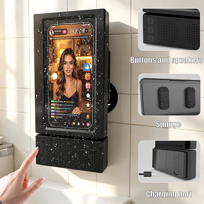 Shower Phone Holder with Wireless Bluetooth Speaker for iPhone,2026 New Waterproof 480° Rotation Adjustable Shower Phone Case Accessories, Wall Phones Mount Stand Speakers for Bathroom Mirror