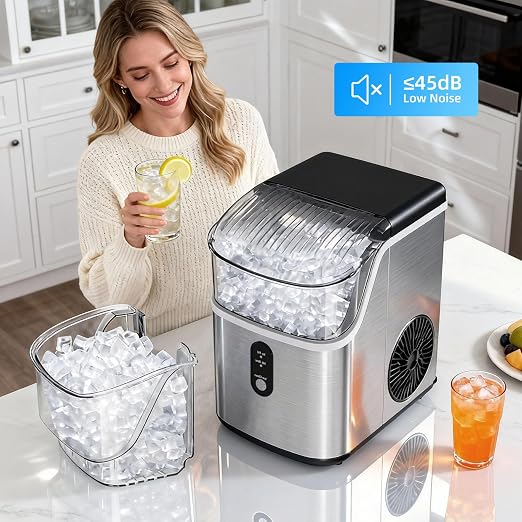 Antarctic Star Nugget Ice Maker Countertop with Soft Chewable Ice, Portable Sonic Ice Maker with Basket and Scoop, Removable Top Cover, Auto-Cleaning for Home/Party/RV/Camping (Stainless Steel Silver)