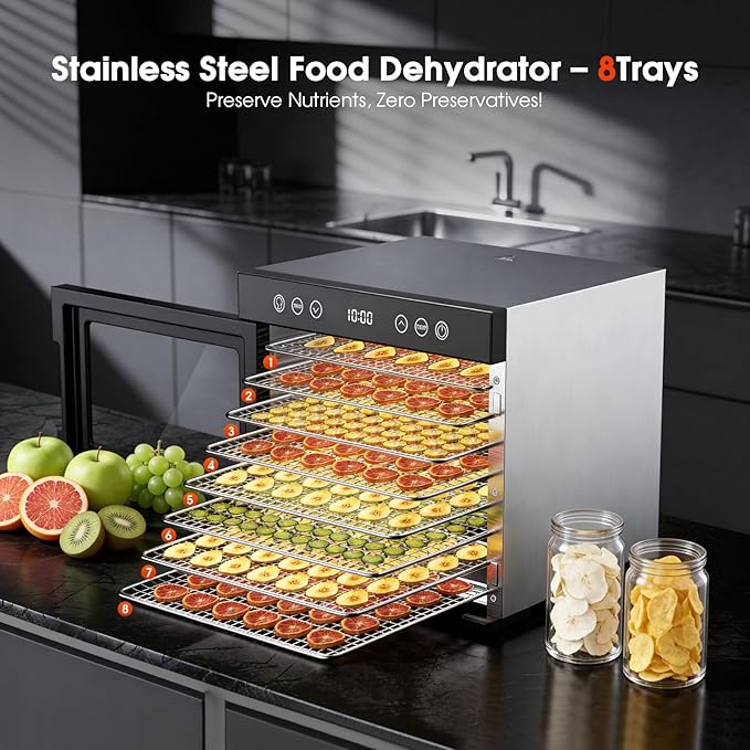 PSIIDAN Upgraded Food Dehydrator Machine, 650W Powerful Dehydrator with 8 Stainless Steel Trays & Interior Light, Adjustable Timer and Temperature for Jerky, Fruits, Herbs, Dog Treats