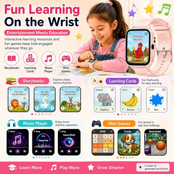 Smart Watch for Kids Boys Age 5-12, Ai Functions Games HD Touch Screen Watches with Video Camera Music Player Pedometer Heart Rate Sleep Tracker Christmas Birthday Gifts for Girls (Pink, 1.85")