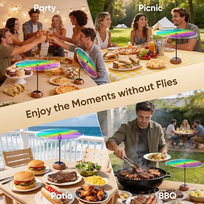 Edvision Rechargeable Fly Fans for Tables, Portable Outdoor Food Fans to Keep Fly Away, Table Fan with LED Display, 360° Flexible Fly Spinners for Table, Party, Picnic, BBQ and Party 4Pack (Walnut)