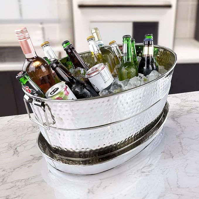 BREKX Aspen Stainless Steel Silver Beverage Tub with Stainless Steel Serving Tray - Heavy-Duty Metal Ice and Drink Bucket for Parties, Large Champagne Bucket with Tray for Mimosa Bar Supplies
