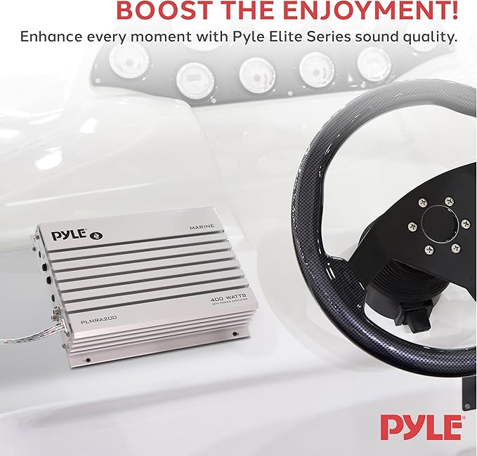 Pyle Hydra Marine Amplifier Upgraded Elite Series 400 Watt 2 Channel Bridgeable Audio Amplifier- Waterproof, Dual MOSFET Power Supply, GAIN Level Controls, RCA Stereo Input & LED Indicator - PLMRA200