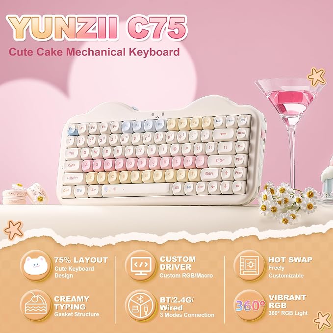 YUNZII C75 Wireless Mechanical Keyboard,75% Layout, Hot-Swappable NKRO,BT5.0/2.4G/USB-C Mode,Dye-Sub PBT MOA Keycaps,RGB Gasket Mount,Cute Cake Design for Mac/Win/Gaming (Beige, Milk V2 Switch)