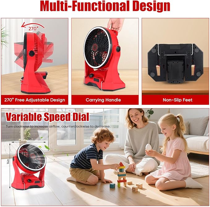 Fan Compatible with Milwaukee M18 Battery Portable Jobsite Camping Fan with Infinite Speed Control USB-C and USB Charging, Hook, Handle 270° Tilt 4.5H Max Runtime for Outdoor Use Battery Not Included