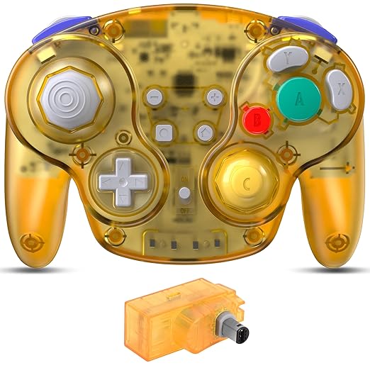 2.4 GHz Wireless GameCube Controller, for NGC GameCube Console (Built-in Rumble) (Analog Stick) (Analog Triggers) (Rechargeable) (Plug and Play) Clear Yellow