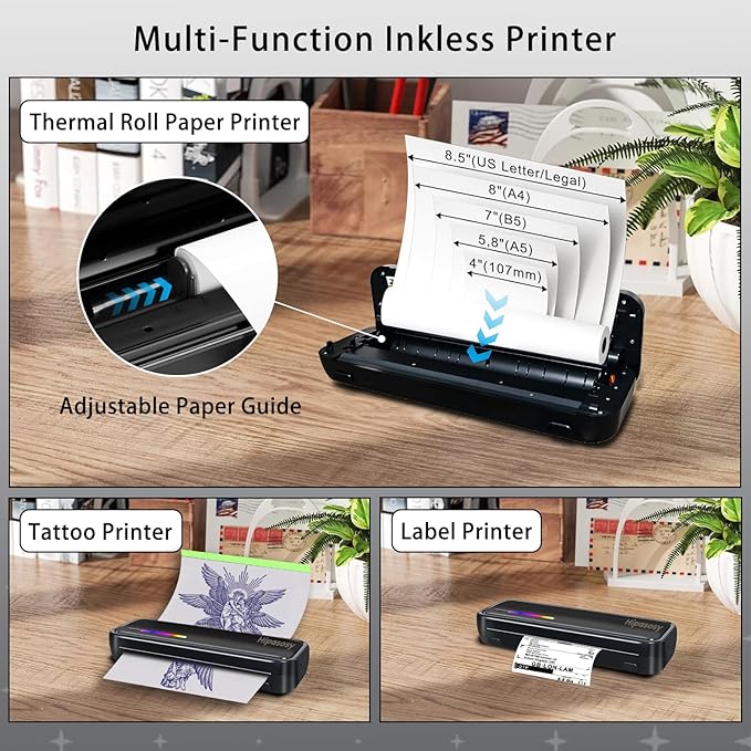 Portable Wireless Thermal Printer for Home & Travel - Mini Bluetooth Inkless Printer Compatible with 8.5"x11" US Letter & A4 Size- Works with iOS, Android & Laptops - Ideal for Tattoos, Office(Black)