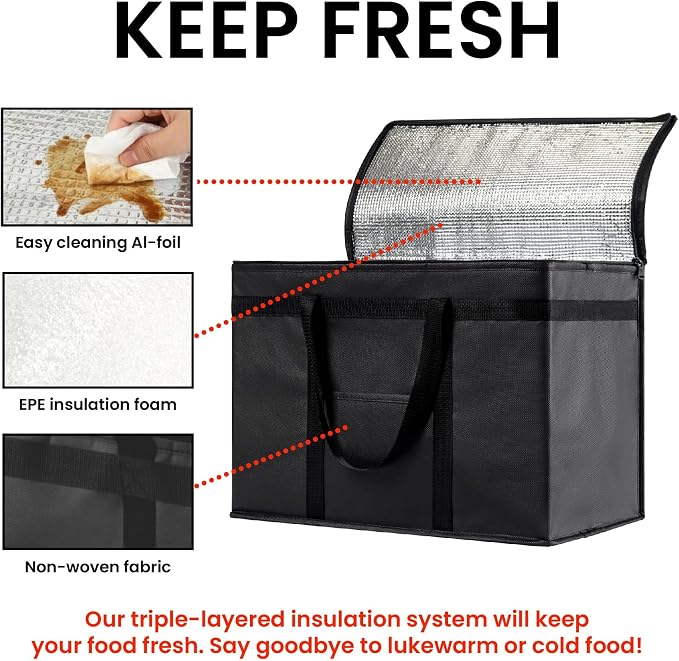 NZ home Insulated Bags for Food Delivery (XL Plus) Grocery Shopping Cooler Bag, Pizza Delivery, Hot & Cold Catering Tote, Reusable, Foldable & Heavy Duty (4 Pack, Black)