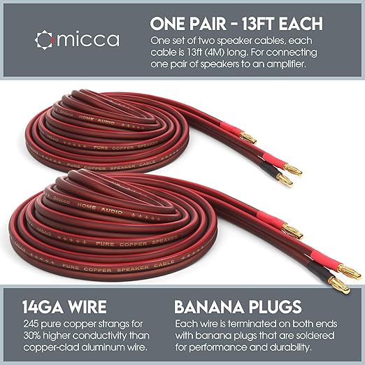 Micca 14 Gauge Pure Copper Speaker Cables, 13 Feet Each (4 Meters), 2 Pack Pair, Gold Plated Banana Plugs Connectors, Soldered Construction, Slim Design, 245 Strands, for Stereo or Home Theater