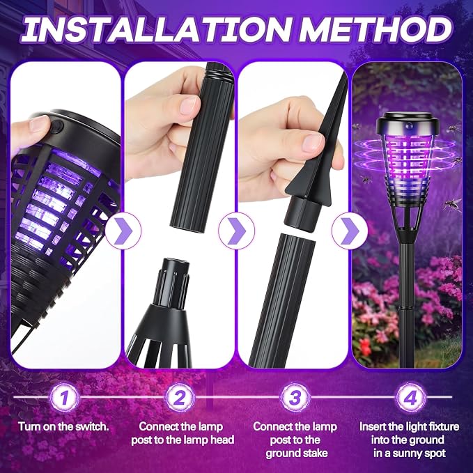 4 Pcs Solar Bug Zapper Outdoor, Torch Zapper Lights Waterproof Mosquito Killer Lamp with Auto On/Off Lighting,Purple Bug Light and White Ambient Light for Garden Patio Yard Balcony(Black)