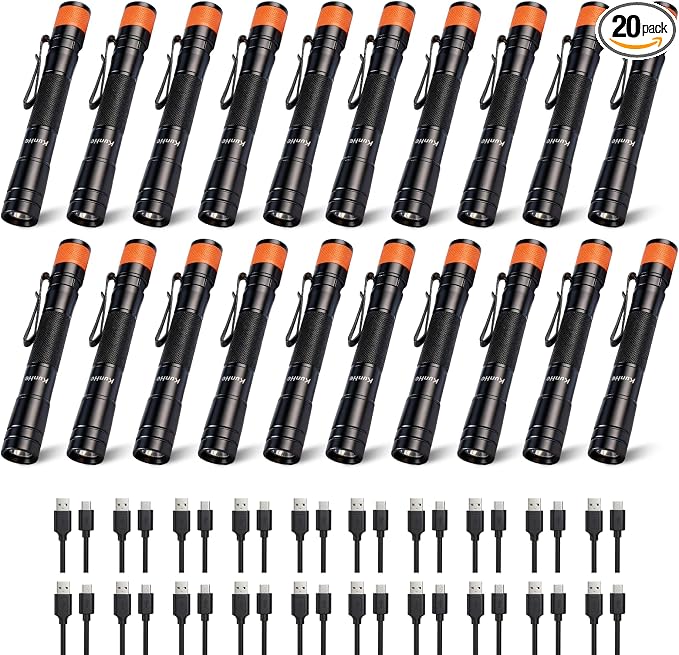 KunHe 180 Lumen LED Portable Rechargeable Pen Flashlight 20-Pack Waterproof Pocket Flash Light Single Mode Easy to Use with Clip Suitable for Inspection Camping and Daily Use