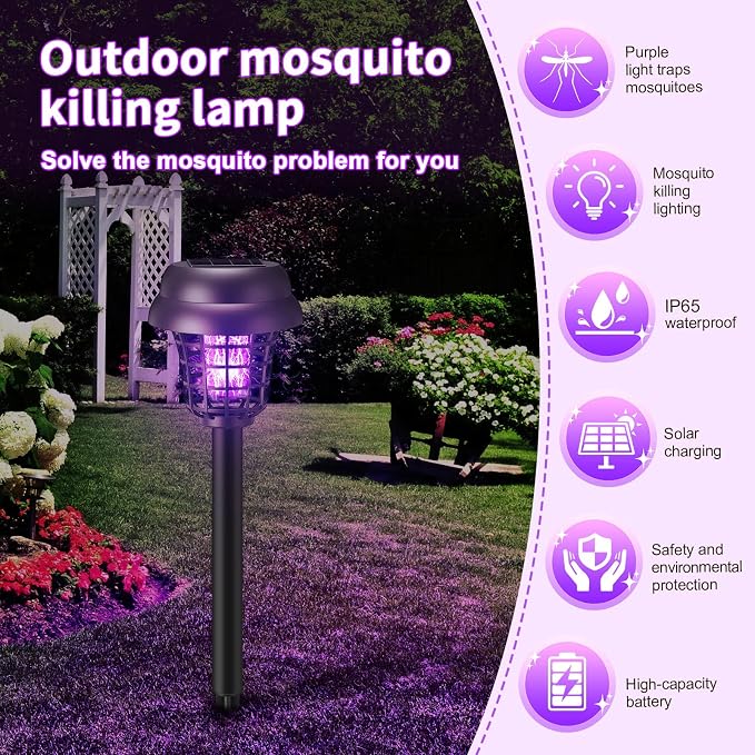 4 Pcs Solar Bug Zapper Outdoor Waterproof Mosquito Repellent Light Solar Power Fly Killer Lamps for Moths, Gnats, Fly, Small Flying Insect Backyard Garden Lawn (Plastic,Purple & Colored Light)
